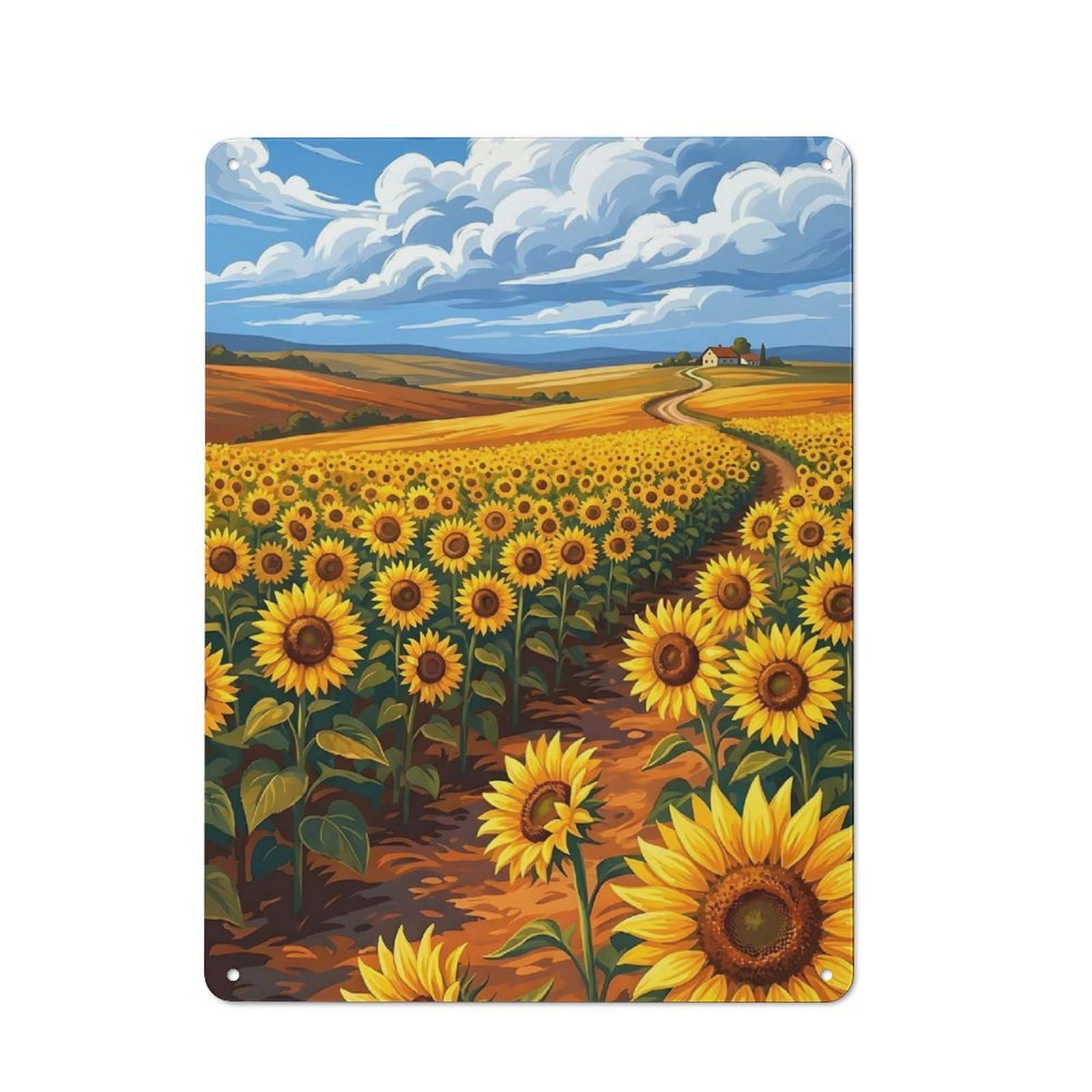Junmoney Style-22 Tin Wall Plaque 40X30cm With Vast Sunflower Field Under A Cloudy Sky For Guest Room Or Hallway, For Updating Guest Room And Hallway After Moving