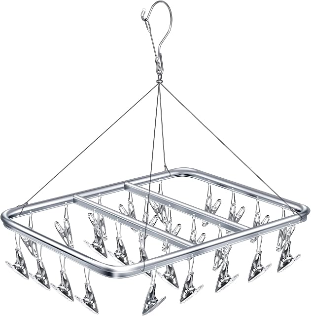 Gorffy Sock Dryer with 26 Pegs, Aluminum Sock Hanger for Washing Line, Underwear Hanger with Windproof Hook, Metal Sock Drying Rack, Sock Dryer with Pegs for Baby Clothes, Bras, Gloves