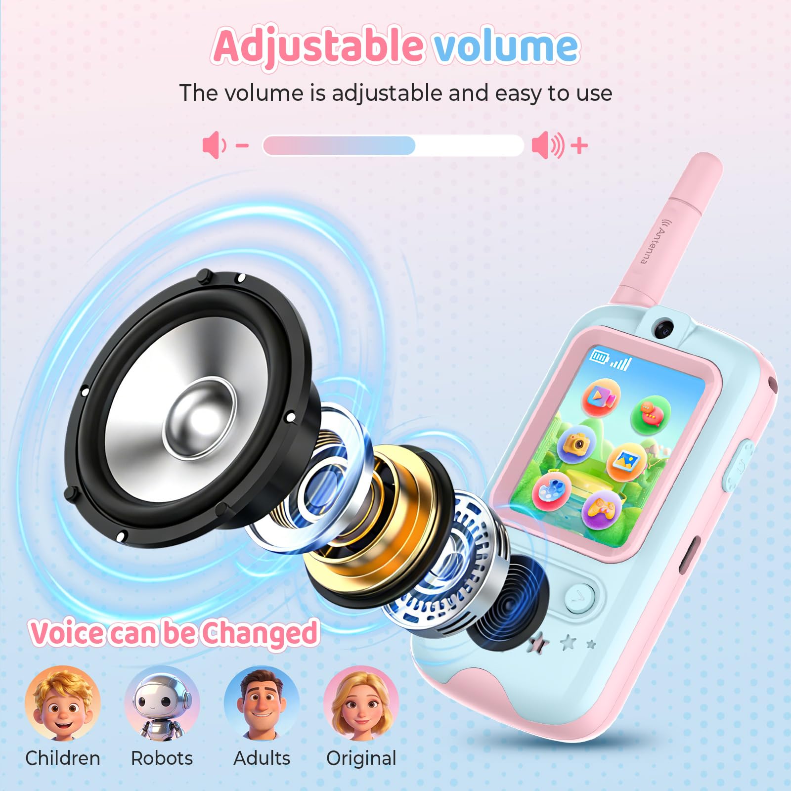 Walkie Talkie, Walkie Talkie Bambini Ricaricabili con Telecamera HD e Cambia Voce, Interazione Video per Giochi in Casa e all'Aperto, Regalo per Ragazzi e Radioline Walkie-Talkie (Rosa + Blu)