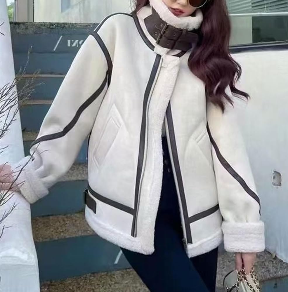 Women Oversized Faux Suede Moto Jacket Sherpa Fleece Lined Leather