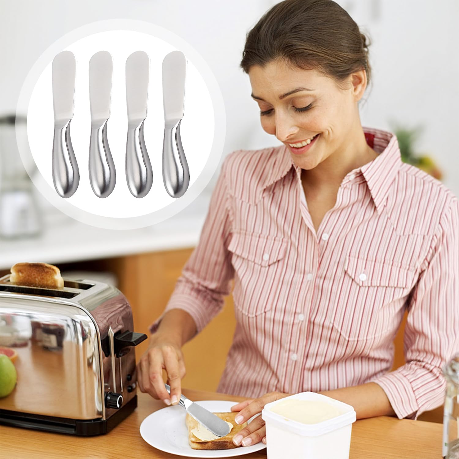 Juego de 4 cuchillos multifuncionales de acero inoxidable, con mantequilla, mermelada, queso, pan con mangas, espátulas de postre