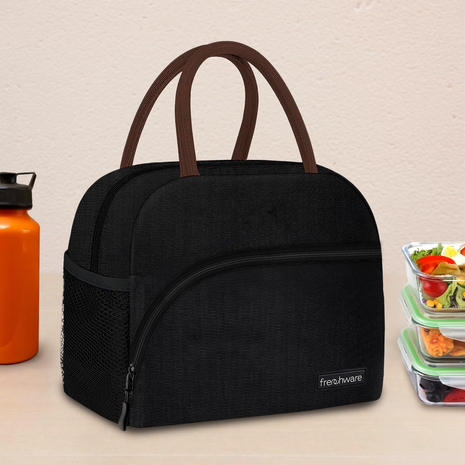 Frenchware Insulated Nylon Lunch Bag 8 LTR, Black, Tiffin Bag for All Age
