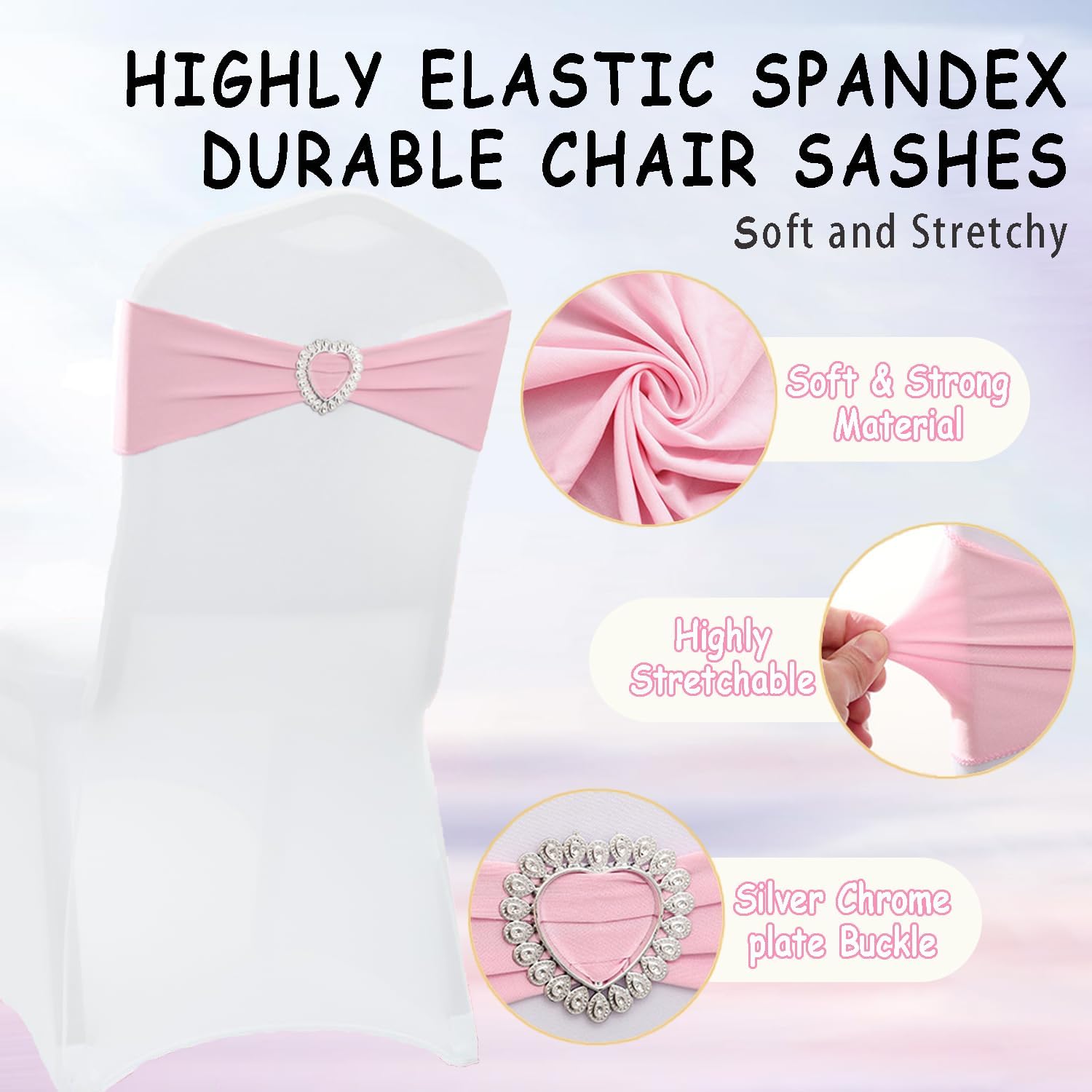 Spandex Pink Chair Sashes Bows 50 Pack Stretch Chair Cover Bands with Buckle Slider Elastic Chair Ties for Wedding Banquet Party Event Decoration
