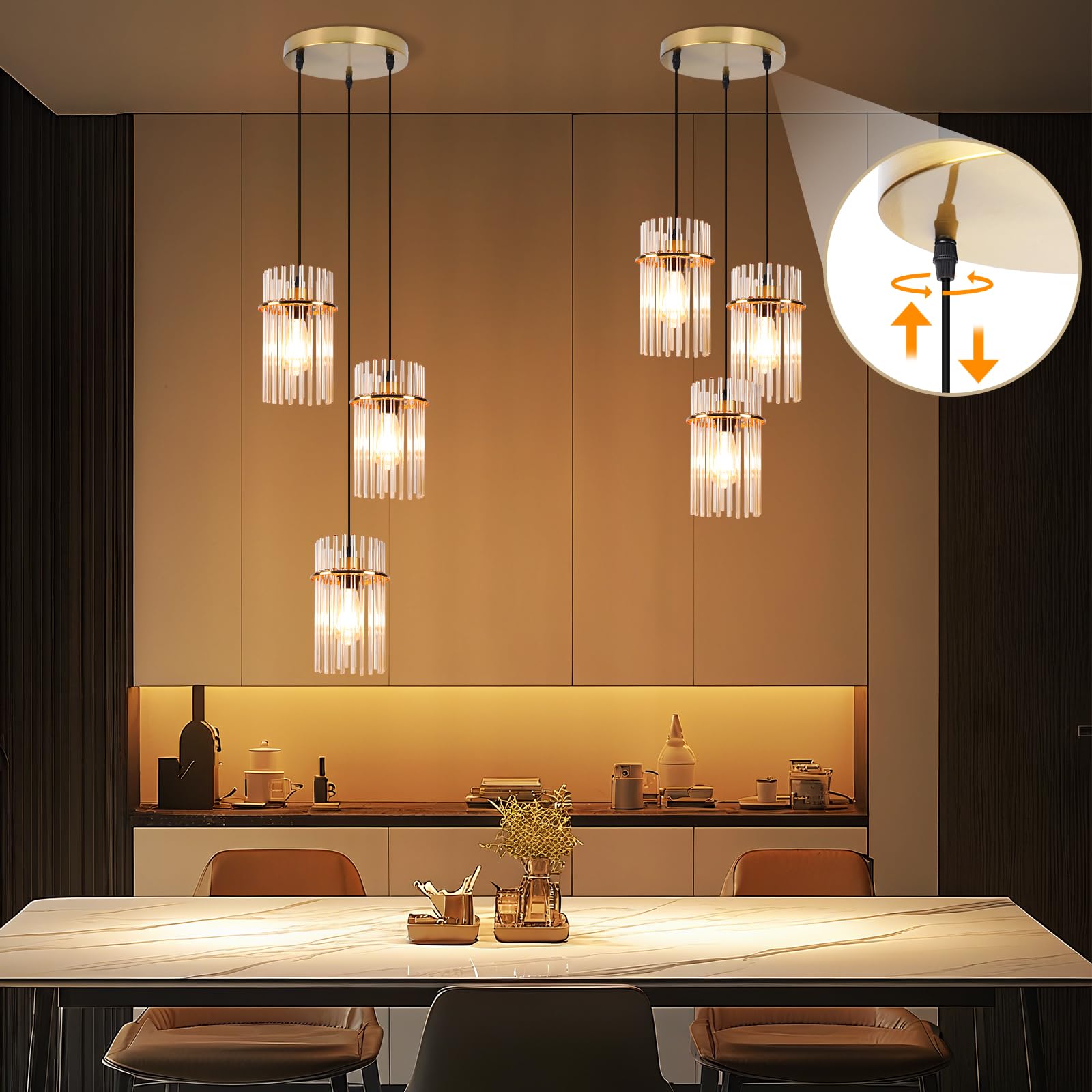 Pendelleuchte 3 Flammig Hängelampe Esstisch - Hängeleuchte Glas Rund E27 Pendellampe Gold für Esszimmer Küche Wohnzimmer Cafe Bar (ohne Leuchtmittel)