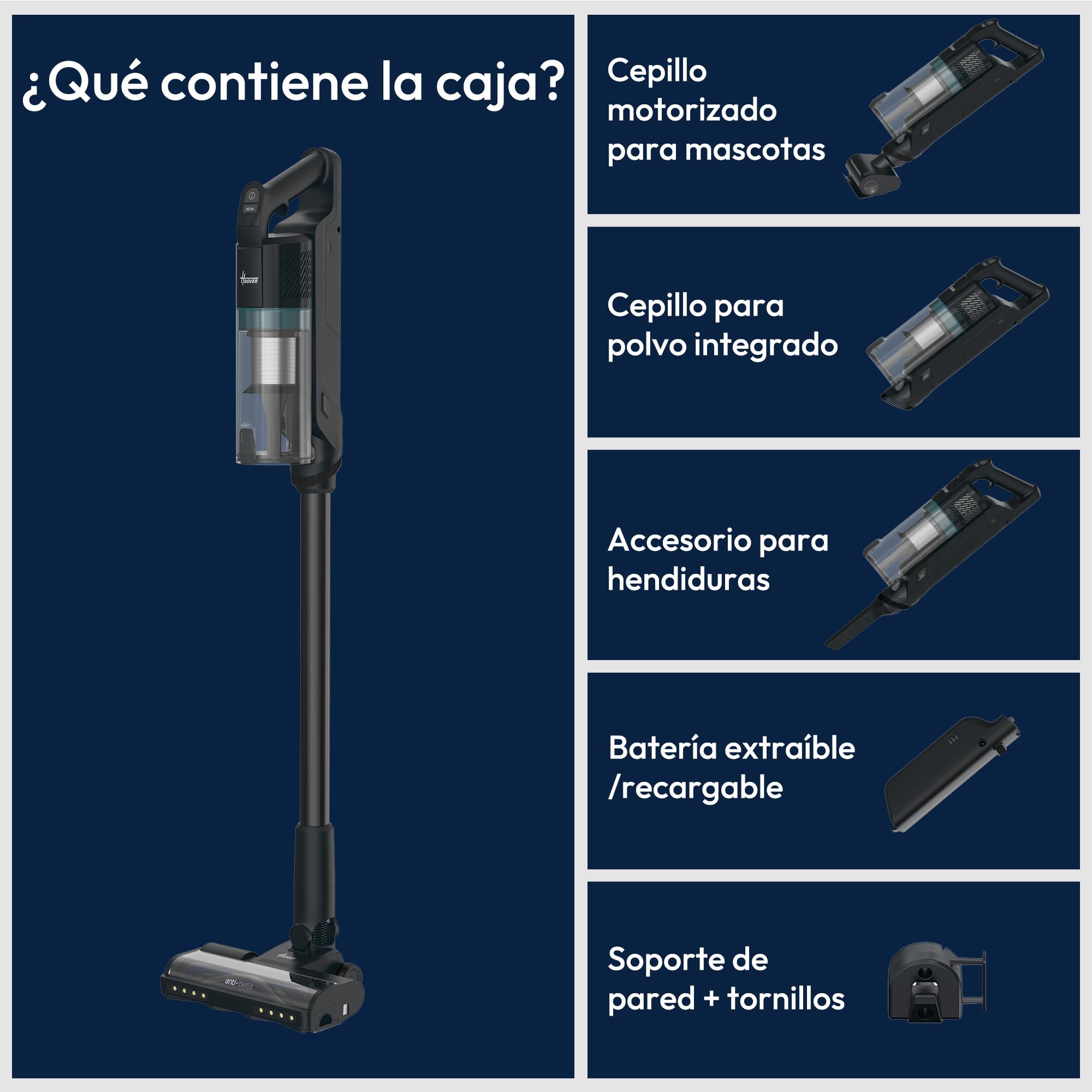 Hoover HF1 Core Pet Aspiradora Escoba Sin Cable | 50 Min de Autonomía | Cepillo Motorizado para Pelo de Mascotas en Sofás, 3 Modos, Cepillo Anti-Twist, Boquilla LED, QuickPark, 200W