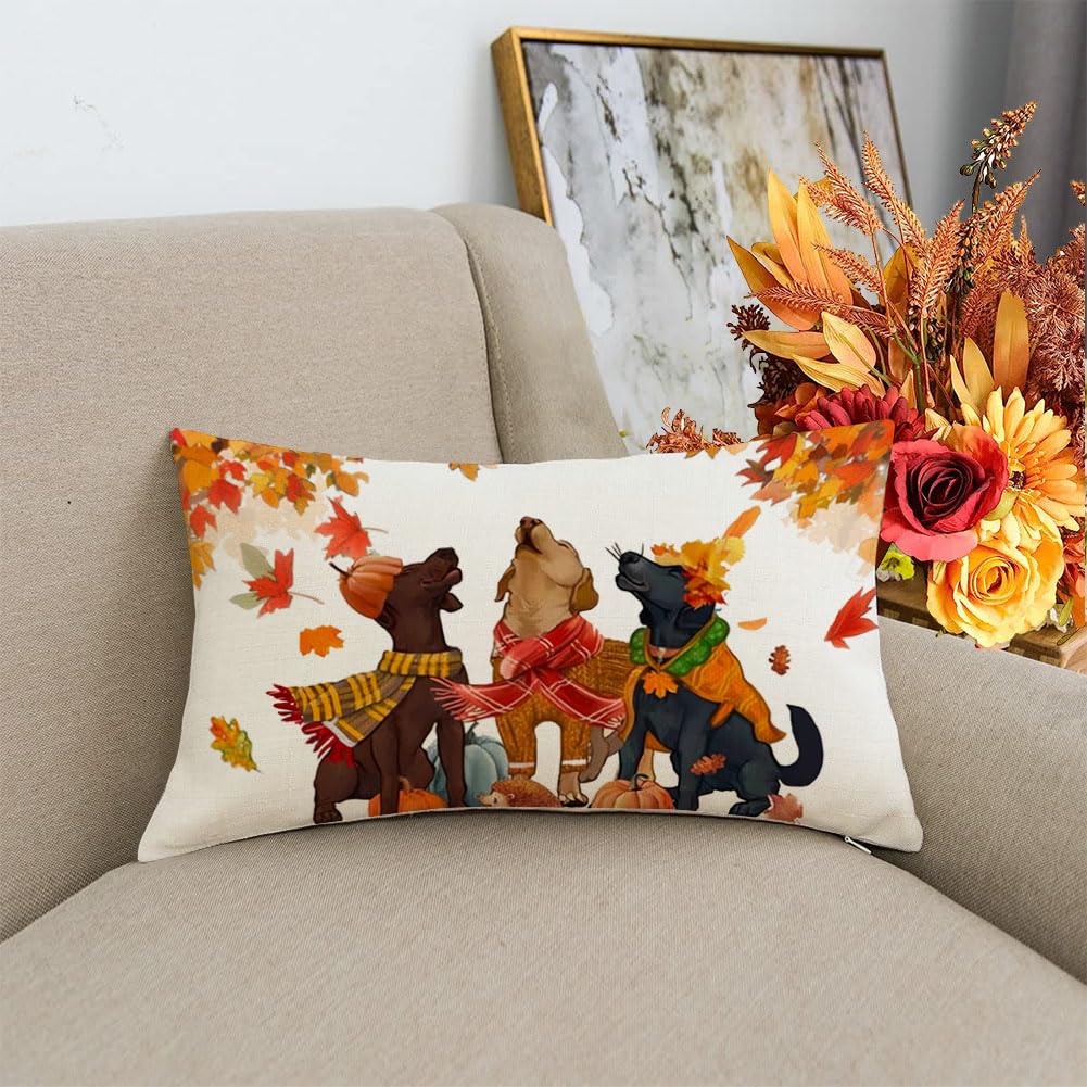 AACORS Fall Pillow Cover 12x20 Inches - Dogs, Pumpkins, Maple Leaves Autumn Design | Thanksgiving Home Decor