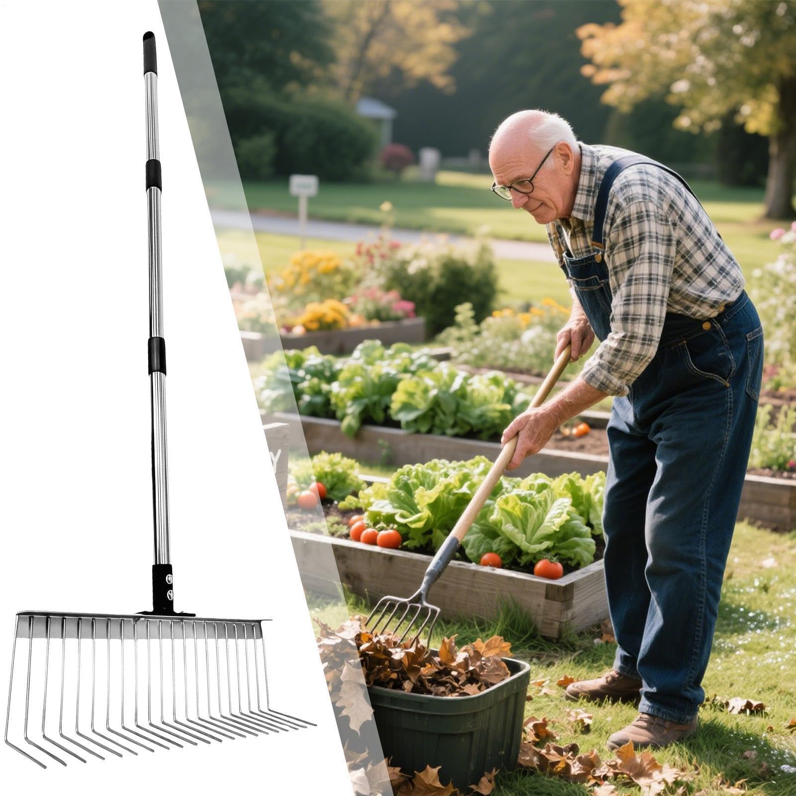 Rastrillo Para Hojas Herramienta Rastrilladora con Mango Ajustable | Rastrillo Para Paisajismo Para , Escarificar, Paisajismo, Césped, Playa, Parterres, Y Mantenimiento De Jardines,