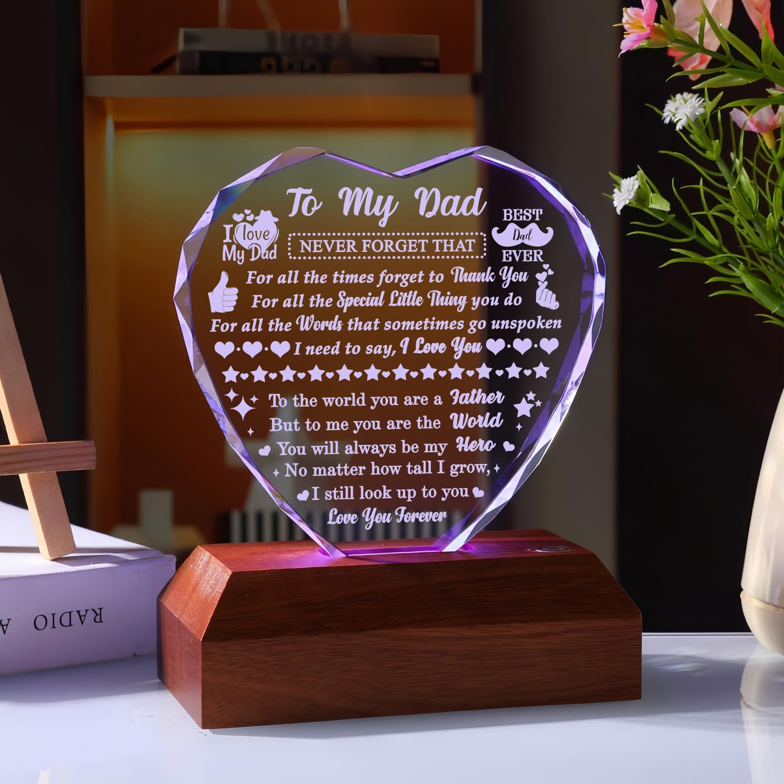 Regalo per papà da figlia figlio, regalo di compleanno per papà che non vuole niente, cuore in vetro laser regalo per festa del papà, Natale, San Valentino