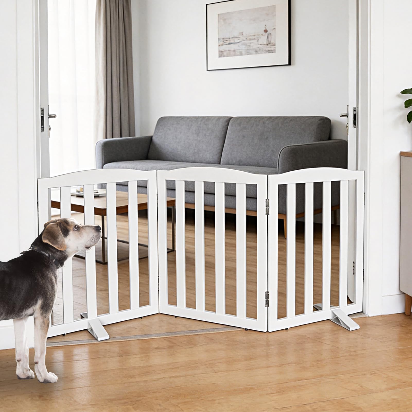 SFJC Freestanding Panel Dog Gate for Indoor, Doorways,Stairs,Hallways,Foldable Wooden White Dog Gates for House,Pet Gate for Dogs,Dog Fence, Puppy Gate,Support Feet Included,24 "Height-3 Panels