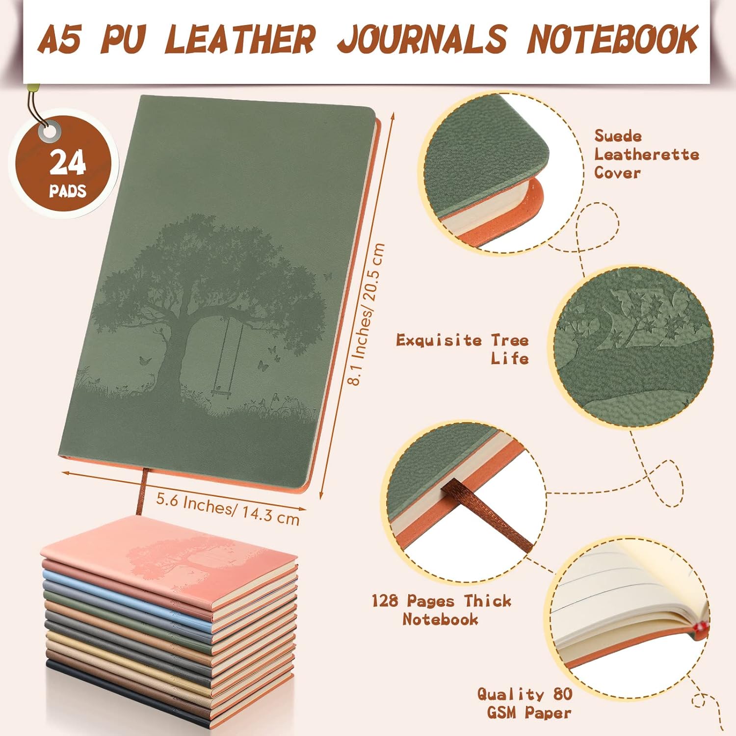 TaoBary 24 Pcs Employee Appreciation Gift A5 PU Leather Journals Bulk Colorful Tree Lined Journal Notebook Soft PU Leather Cover Ruled Writing Notebook for Office School Teacher Nurse (Mixed Colors) - Image 2