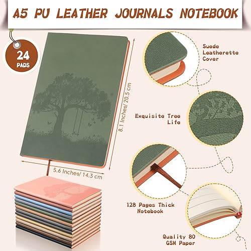Miniatura 2 de TaoBary 24 Piezas Diarios de Cuero PU A5 a Granel Coloridos con Diseño de Árbol Rayados, Cuaderno de Diario con Cubierta de Cuero PU Suave Rayado