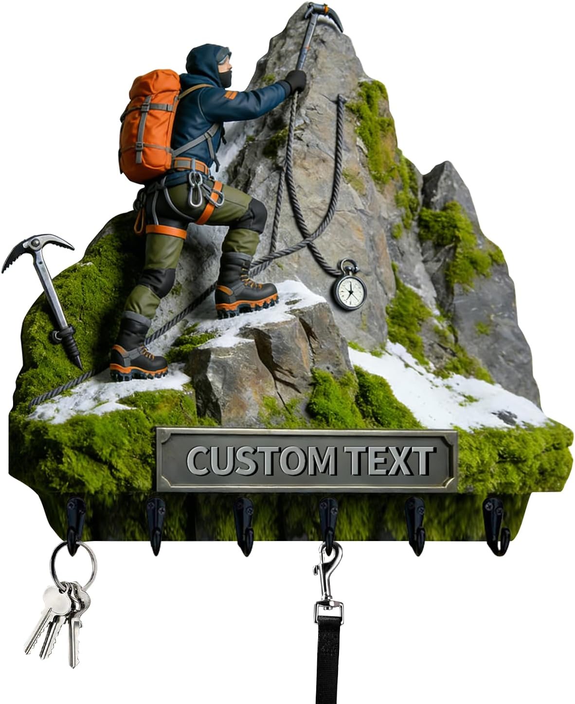 Personalized Mountain Climber Key Holder Wall Mount Custom Text 2D Flat Print Key Rack with Hooks Hanger for Car Keys Ring, Bedroom Living Decorative Gifts for Hiking Enthusiasts Family Friends