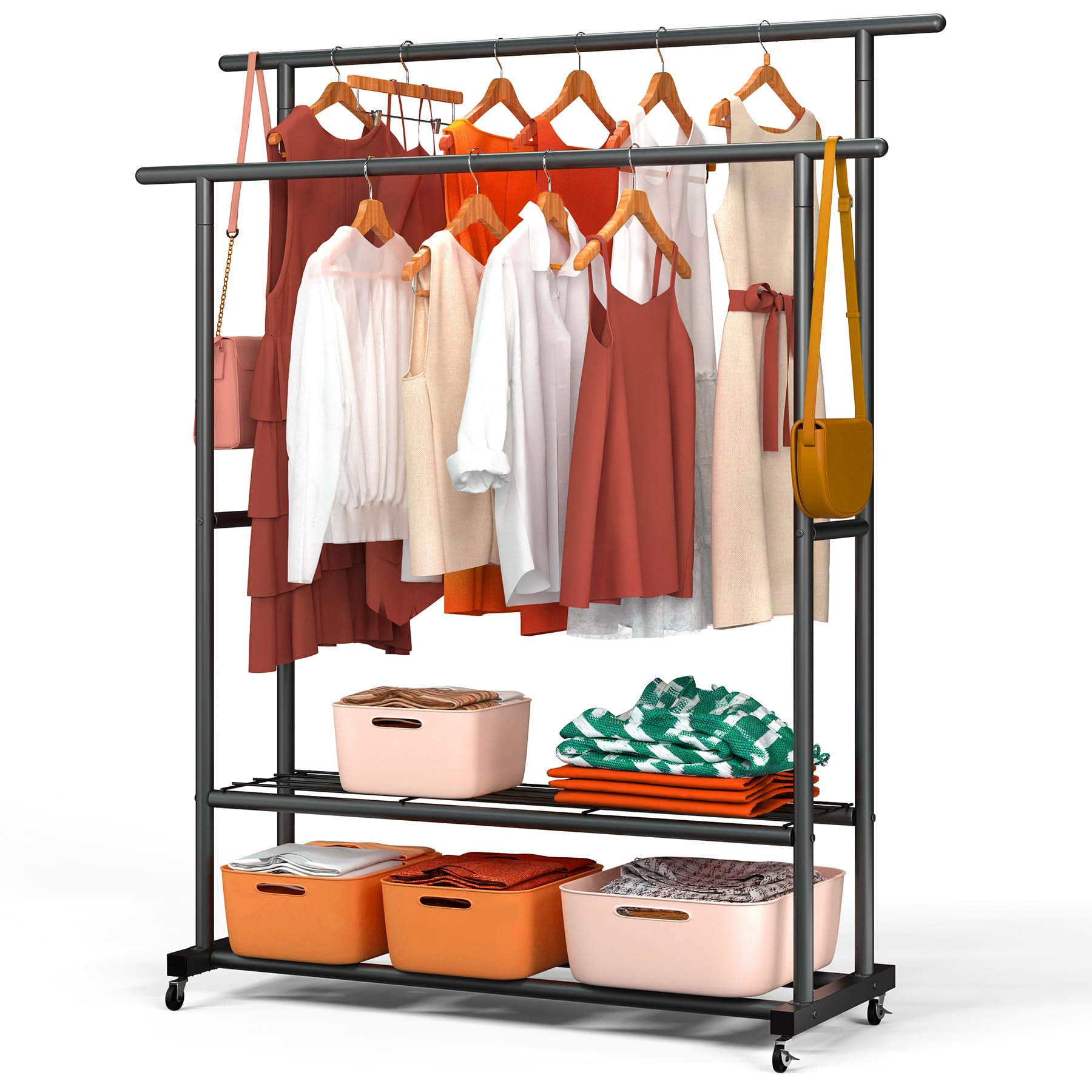 VOUNOT® Double Hanging Clothes Rack with Wheels, Metal Wardrobe with 2 Storage Shelves for Bedroom, Dressing Room, and Hallway – 120x40x146cm, Black