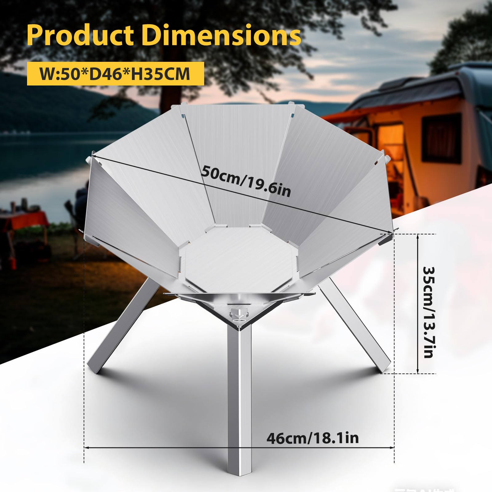Feuerschale Camping Oktagon, Schnell aufgebaut Feuerschale Edelstahl, Faltbares Feuerstelle perfekt für den mobilen Einsatz, Campingfeuer für Terrasse, Outdoor-BBQ und Lagerfeuer