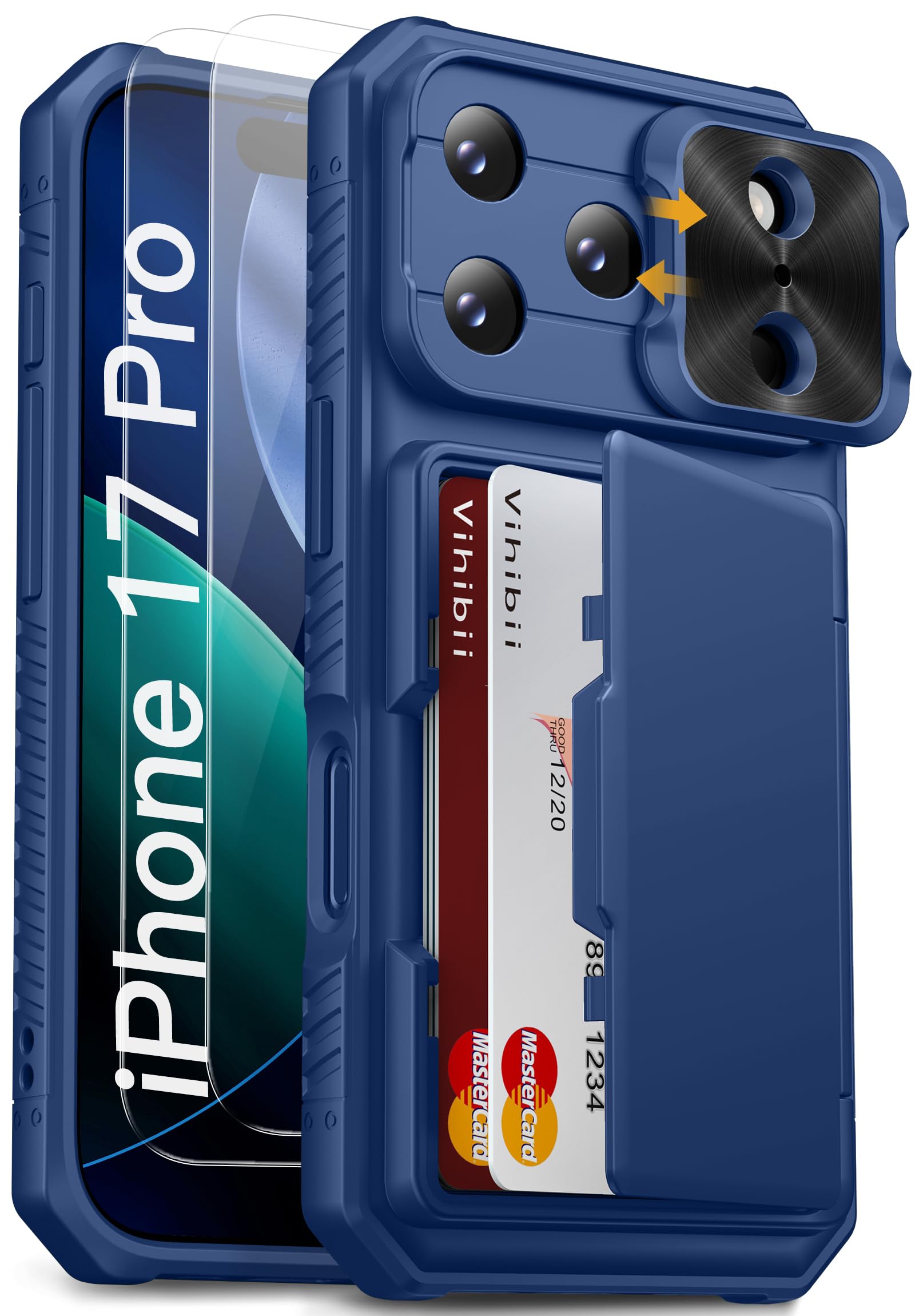 Vihibii for iPhone 17 Pro Case with [2X Screen Protector], Built-in Card Holder (4 Cards), [RFID Blocking] & Slide Camera Cover & Tempered Glass Films, Rugged Wallet Cover for 17 Pro 6.3" 2025, Blue