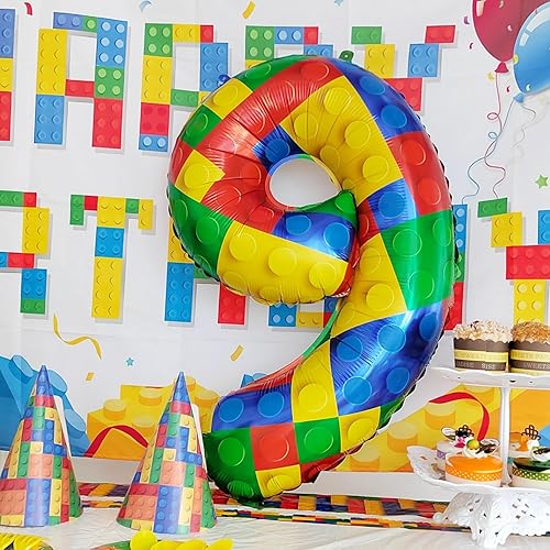 Miniatura 3 de Globos de 32 pulgadas con el número 9 de bloques de construcción con temática de bloque de helio, globo grande de Mylar para niñas y niños,