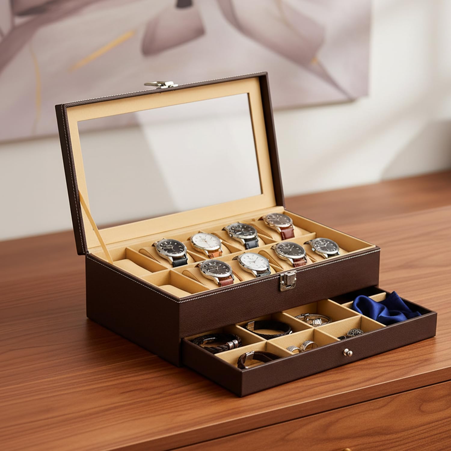 Amazon Basics Sliding Drawer 12-Slot Watch and Jewelry Organizer – Faux Leather & MDF Storage Box for Men and Women, Brown