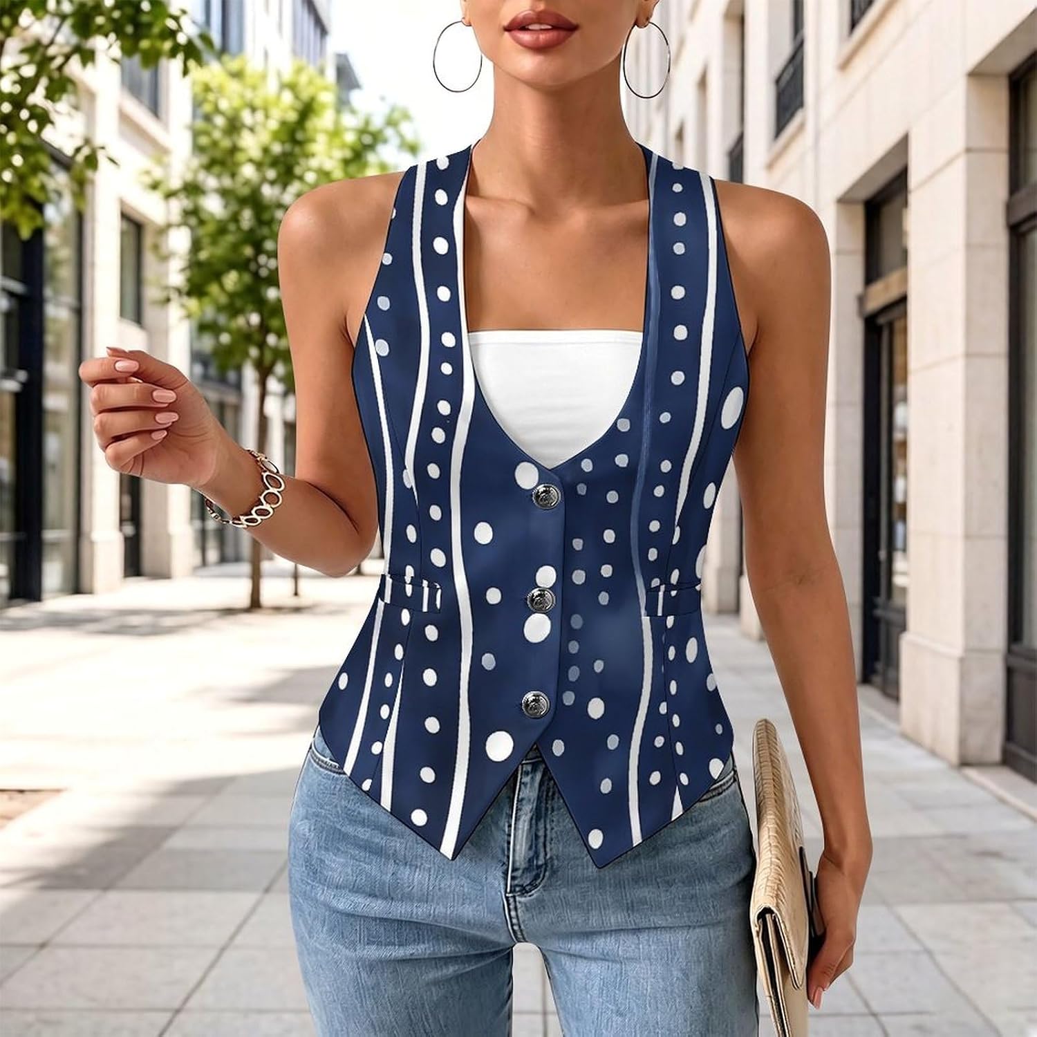 Whale Shark Polka Dots Wavy Women's Tuxedo Waistcoat Suit Vest | 3 Button V-Neck Slim Fit Casual Sleeveless Top