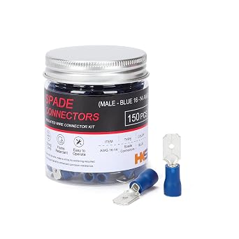 HKS 150PCS Male Vinyl Insulated Spade Connector Blue 16-14 AWG - 6.3mm 1/4" Electrical Quick Disconnect Wire Connectors Kit - Tinned Copper PVC Terminals