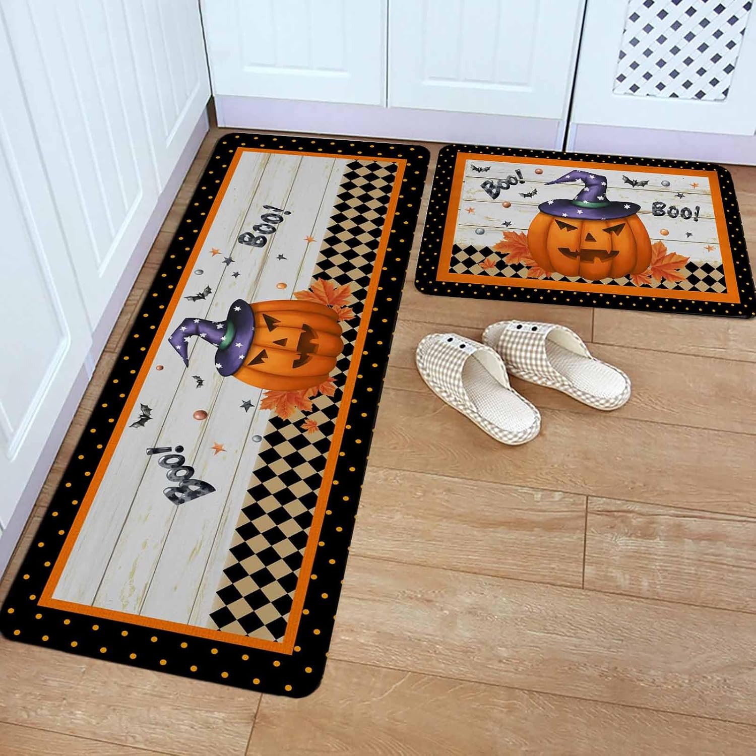 Halloween Kitchen Rugs and Mats Set of 2, Non-Slip Kitchen Sink Mat, Orange Scary Pumpkin Maple Leaf Wooden Plaid Washable Doormat Bathroom Rugs Runner for Bedroom/Living Room 17.7"x30"+17.7"x47.2"