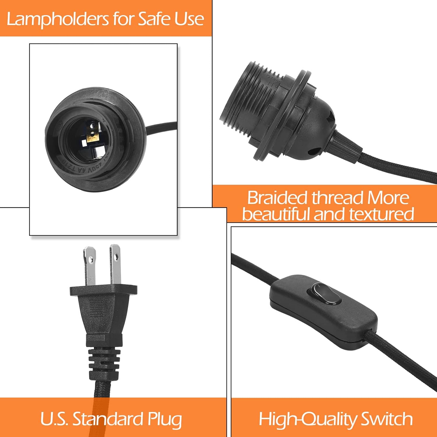 Hortsun 4 Pack Plug in Hanging Light Kit E26/e27 Extension Hanging Lantern Pendant Light Lamp Cord Cable 12 ft Cord with On/Off Switch Lamp for Bedroom Living Room (Black)