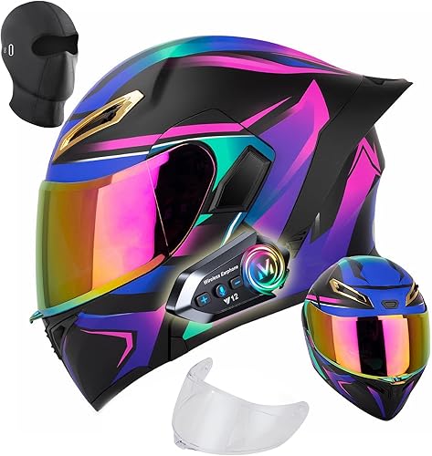 Miniatura 1 de Casco de motocicleta para mujer con Bluetooth - Cascos de motocicleta modulares DOT con doble visera, casco de cara completa abatible color púrpura