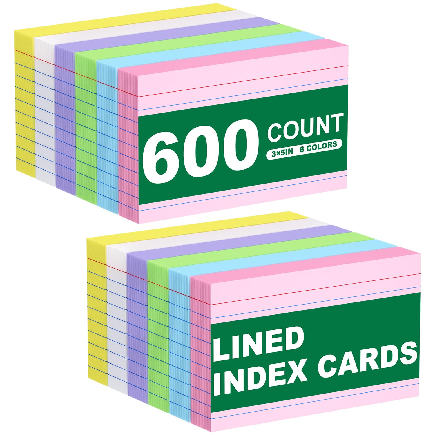 Kolorowe karty indeksowe, 600 sztuk, 7,6 x 12,7 cm, w linie karty flash do nauki, 12 sztuk po 50 sztuk, wielokolorowe kartki w linie, karty flash luzem, neonowe fiszki, karty indeksowe 3 x 5 do szkoły