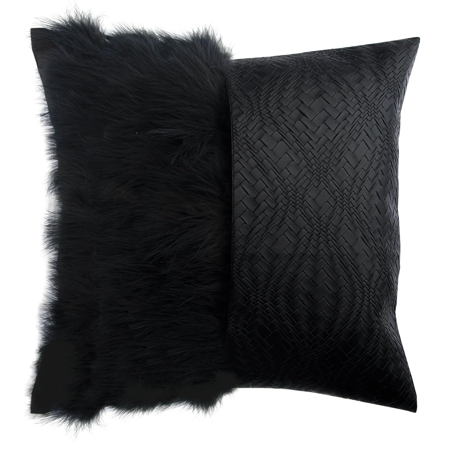 The HomeCentric Decorative Black (Pack of 2, 45x45 cm (18"x18") Throw Cushion Cover For Sofa, Faux Leather & Feather Textured, Patchwork Cushioncase With Zipper, Solid Color Modern Style - Furry World