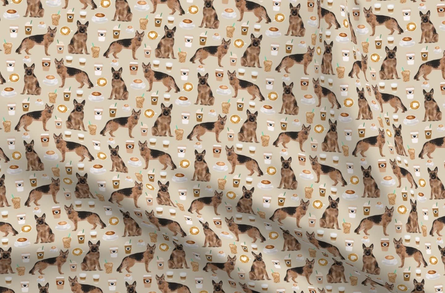 Spoonflower Fabric - Coffee Brown Dogs German Shepherd Coffees Cute Dog Shepherds Pet Printed on Organic Cotton Sateen Fabric by The Yard - Sewing Quilting Apparel Home Decor