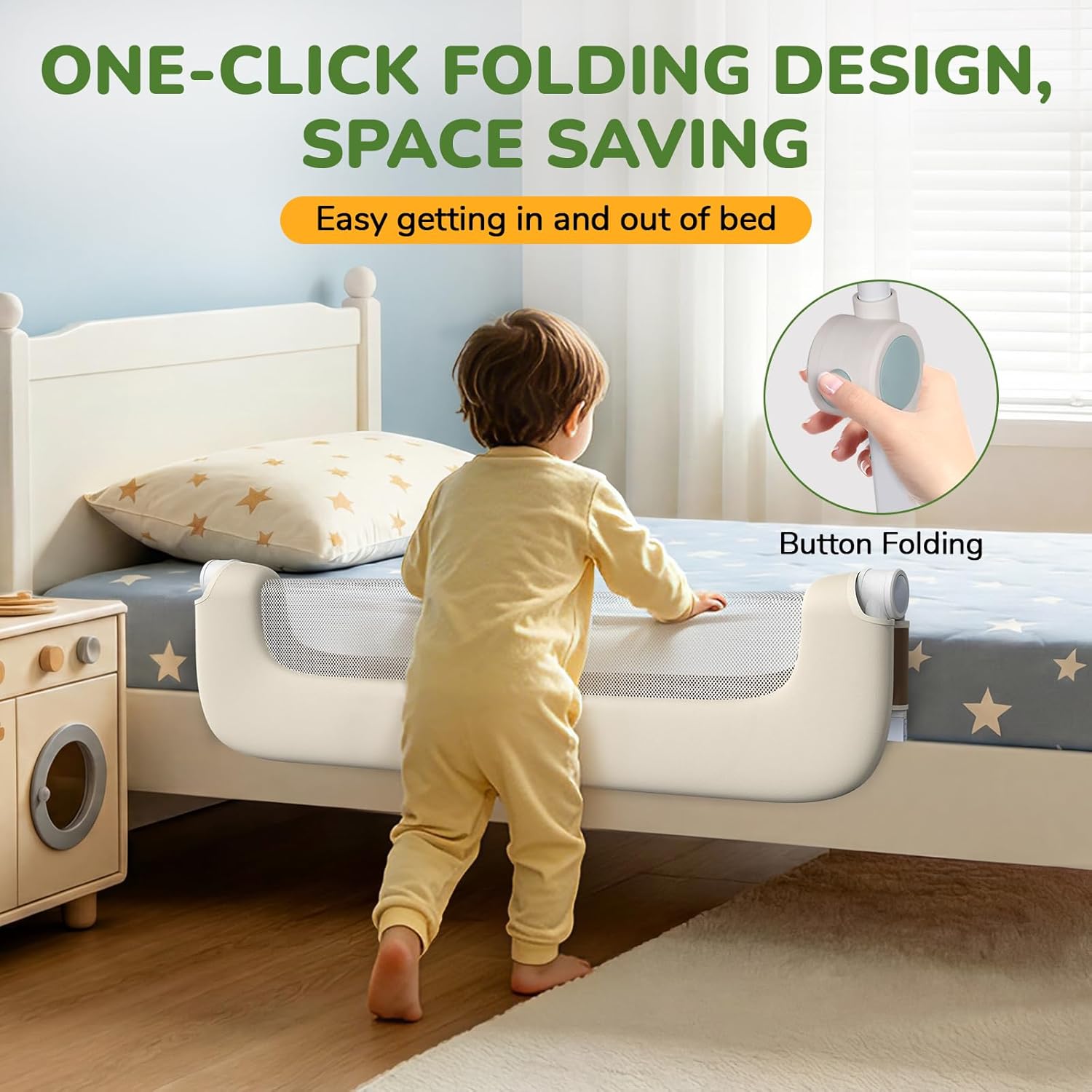 bed guard rail for toddlers - 32" adjustable heights & folding up portable bed railing for baby - toddler bed rails guard for crib, twin, bunk,full size, queen & king bed beige with khaki 32 inches