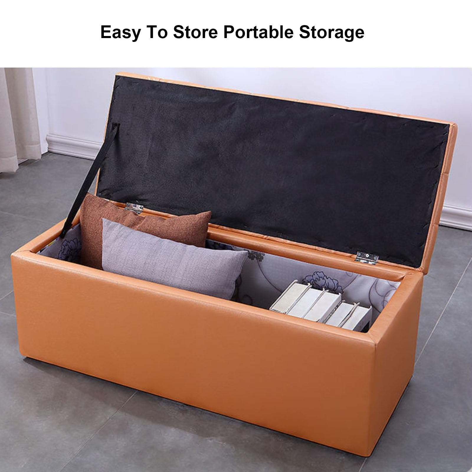 Scarpiera, Lussuosa Panca poggiapiedi con Coperchio Ribaltabile, mobiletto portaoggetti in Pelle per Ingresso, angolare Letto (Arancione, 100 x 40 cm)