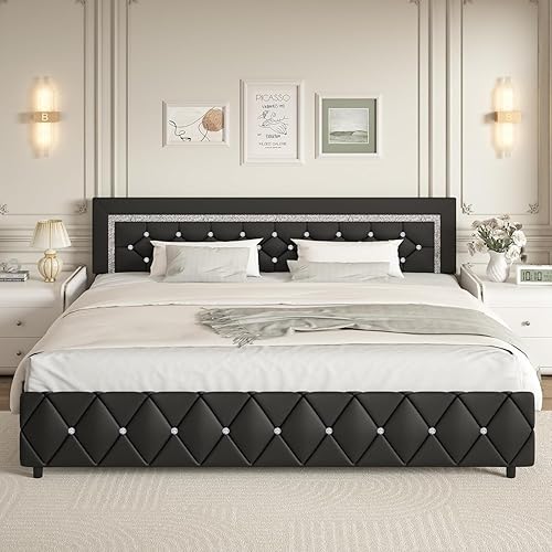 Miniatura 140 de BarnFurin - Base de cama matrimonial con cabecera capitoné, plataforma tapizada con diseño de diamante, base de colchón, soporte de listones de