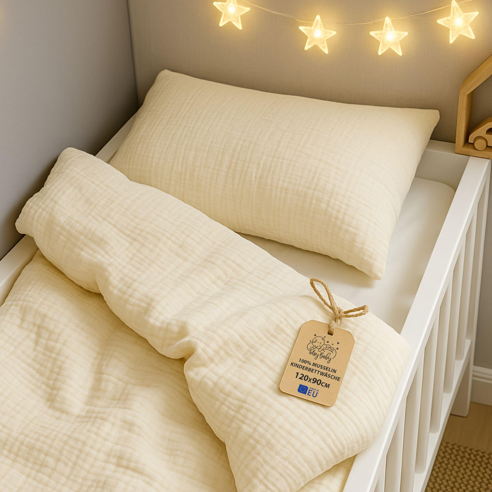Totsy Baby mussola Copripiumino lettino neonato 100x135cm - Cotone parure di copripiumini per culla Set lenzuolo per piumino Beige chiaro con federe 60 x 40 cm certificazione Oeko-Tex