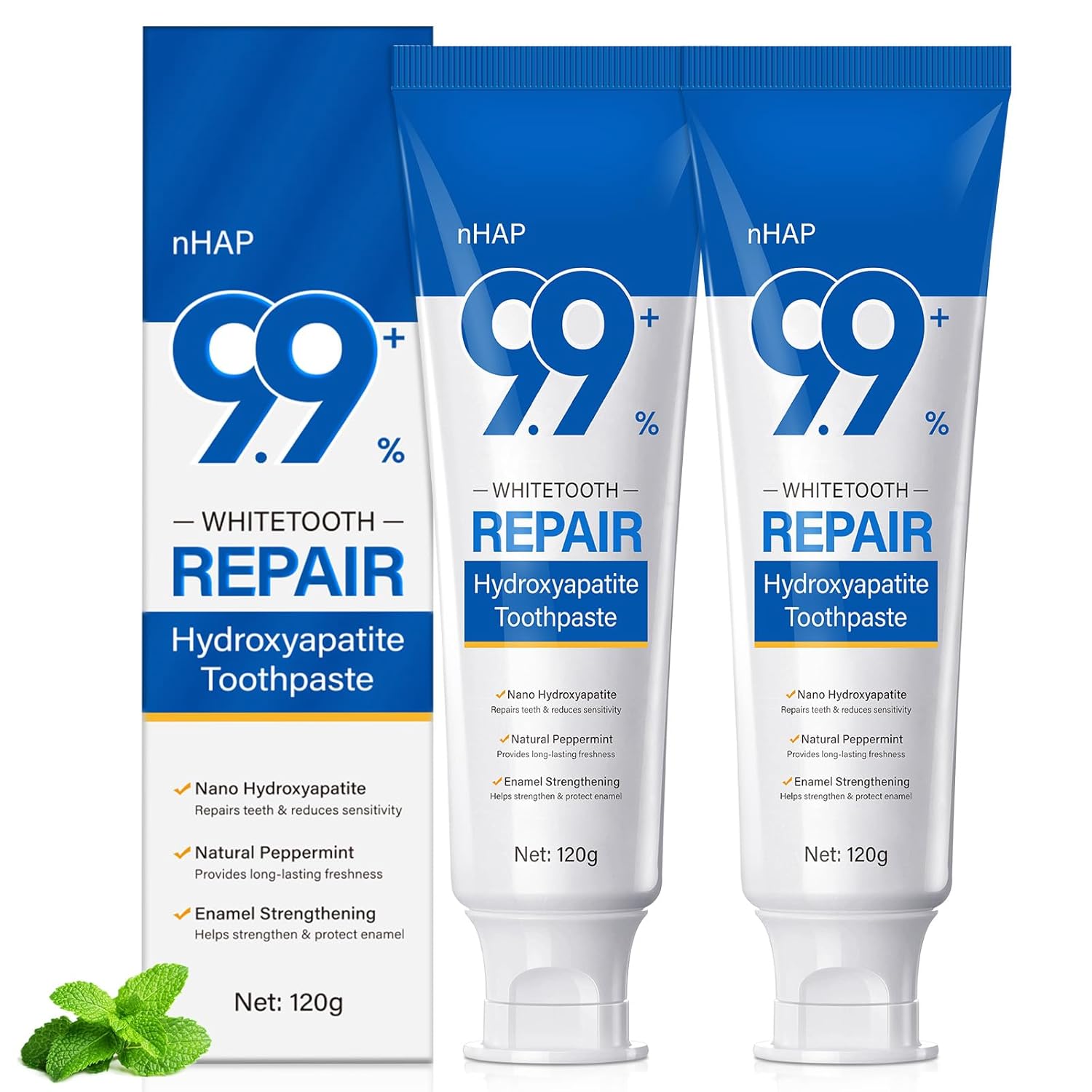 Kit com 2 Tubos de Pasta de Dente de 9,9% de Hidroxiapatita para Proteção Avançada do Esmalte, Sem Flúor para Dentes Sensíveis - Menta Suave, Hálito Fresco e Saúde Bucal Diária