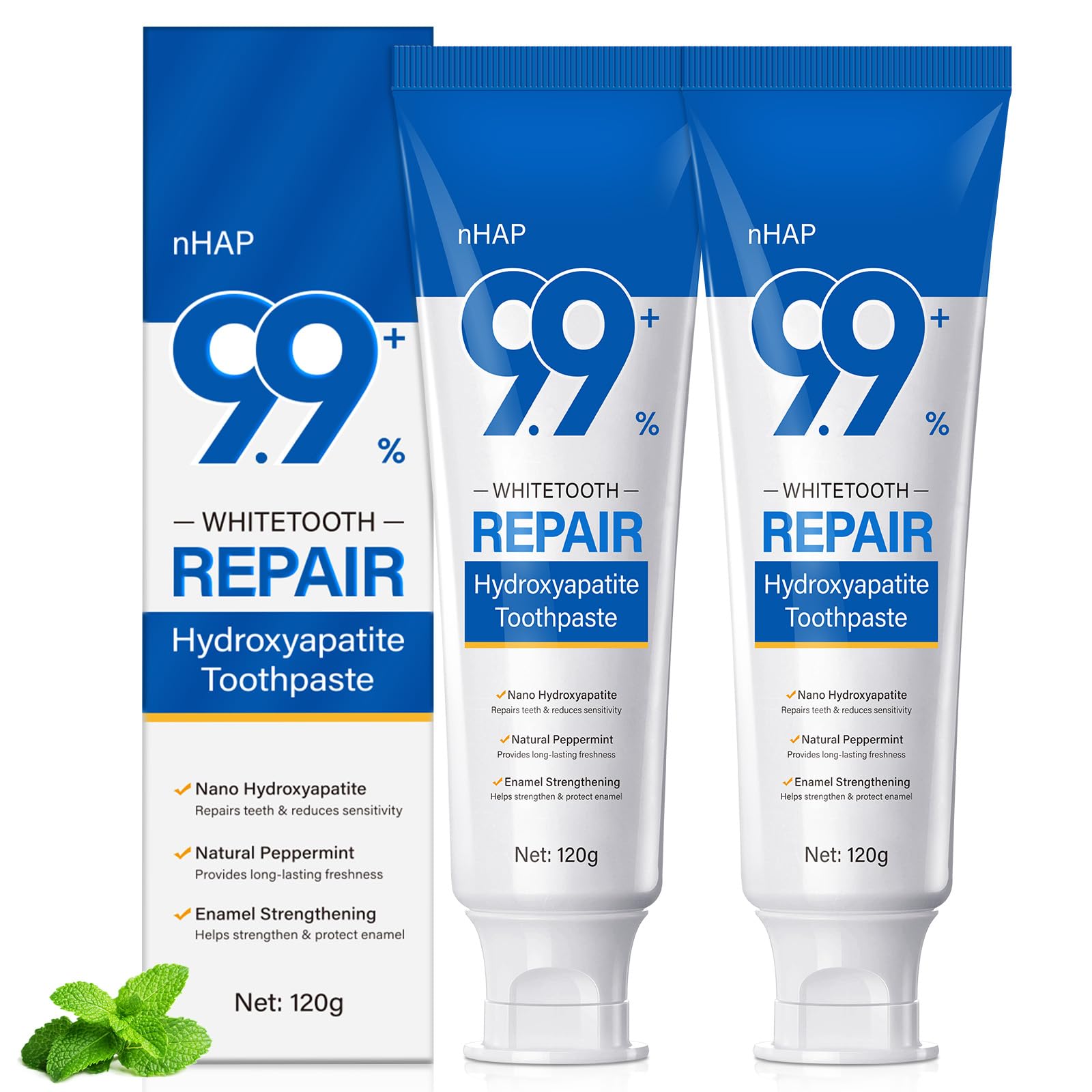 Hydroxyapatite Toothpaste 2PC for Enamel Protection, Contains 9.9% Nano-Hydroxyapatite, Restores Enamel, Reduces Sensitivity, Whitens & Brightens