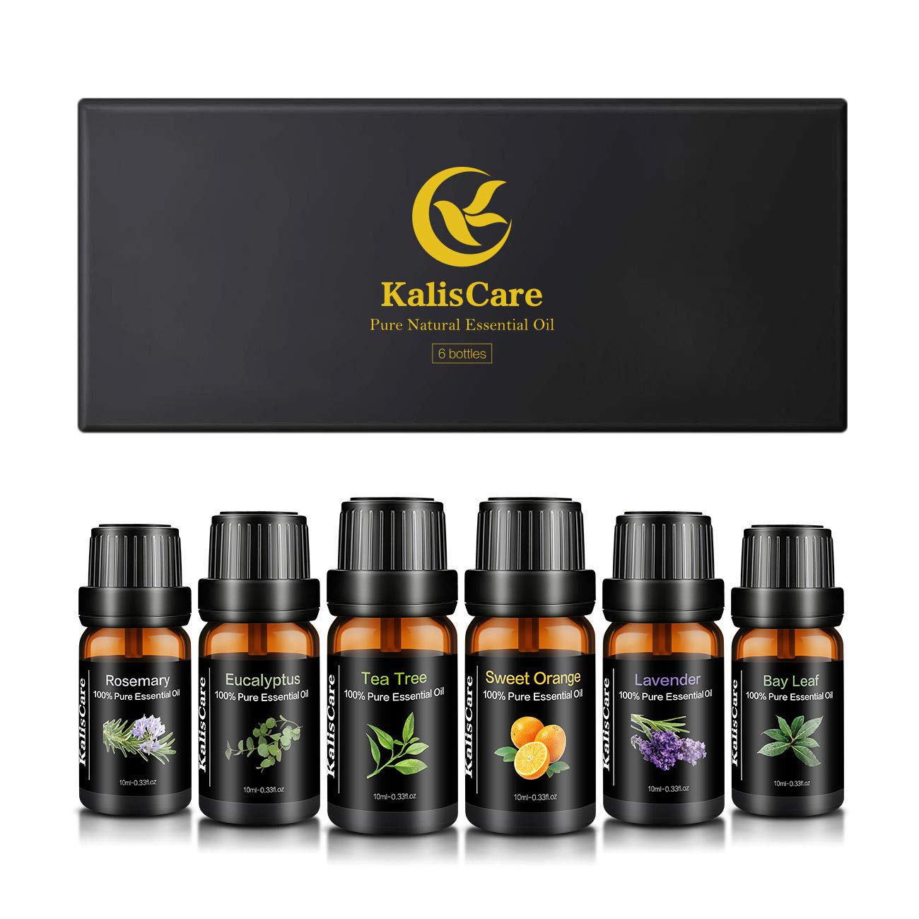 KalisCare 100% Pure (Undiluted) Essential Oils Set - Tea Tree, Rosemary, Lavender, Bay Leaf, Sweet Orange, Eucalyptus (10 ml * Top 6)