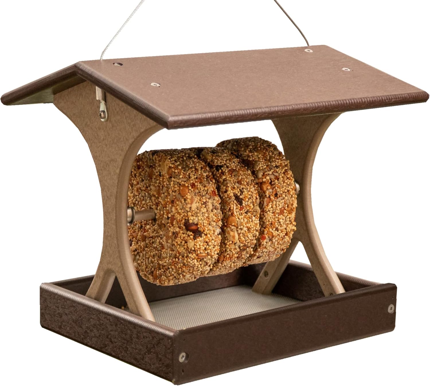 DutchCrafters Plastic Poly Large Bird Feeder with Horizontal Suet Cake Log Cylinder Holder, Seed Block Feeder for Wild Birds - Made in America (Turf Green & Cedar)
