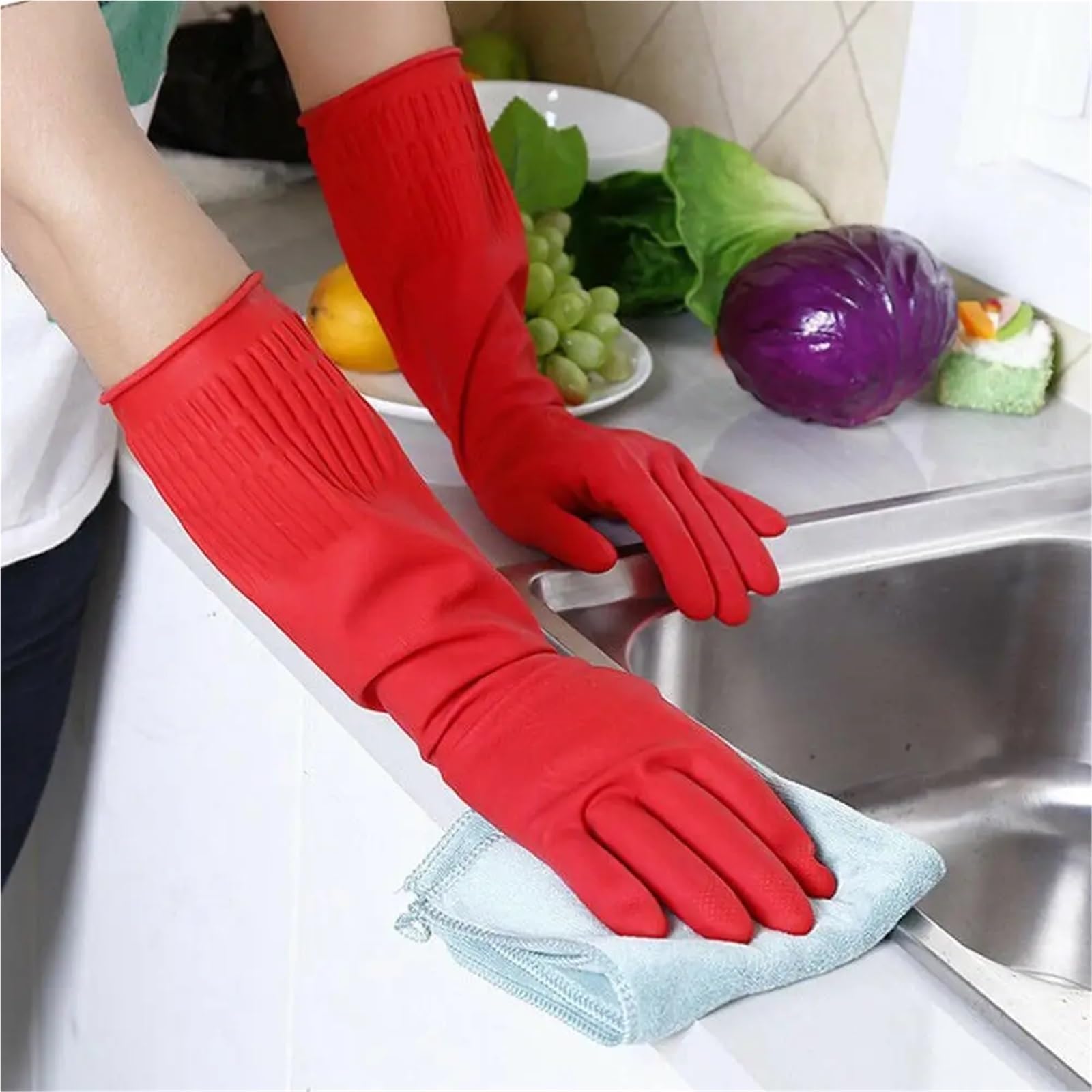 Guanti da cucina 3 pezzi Lavare i piatti Pulizia rossi impermeabili in lattice di gomma a maniche lunghe Strumento Per La Casa(S)