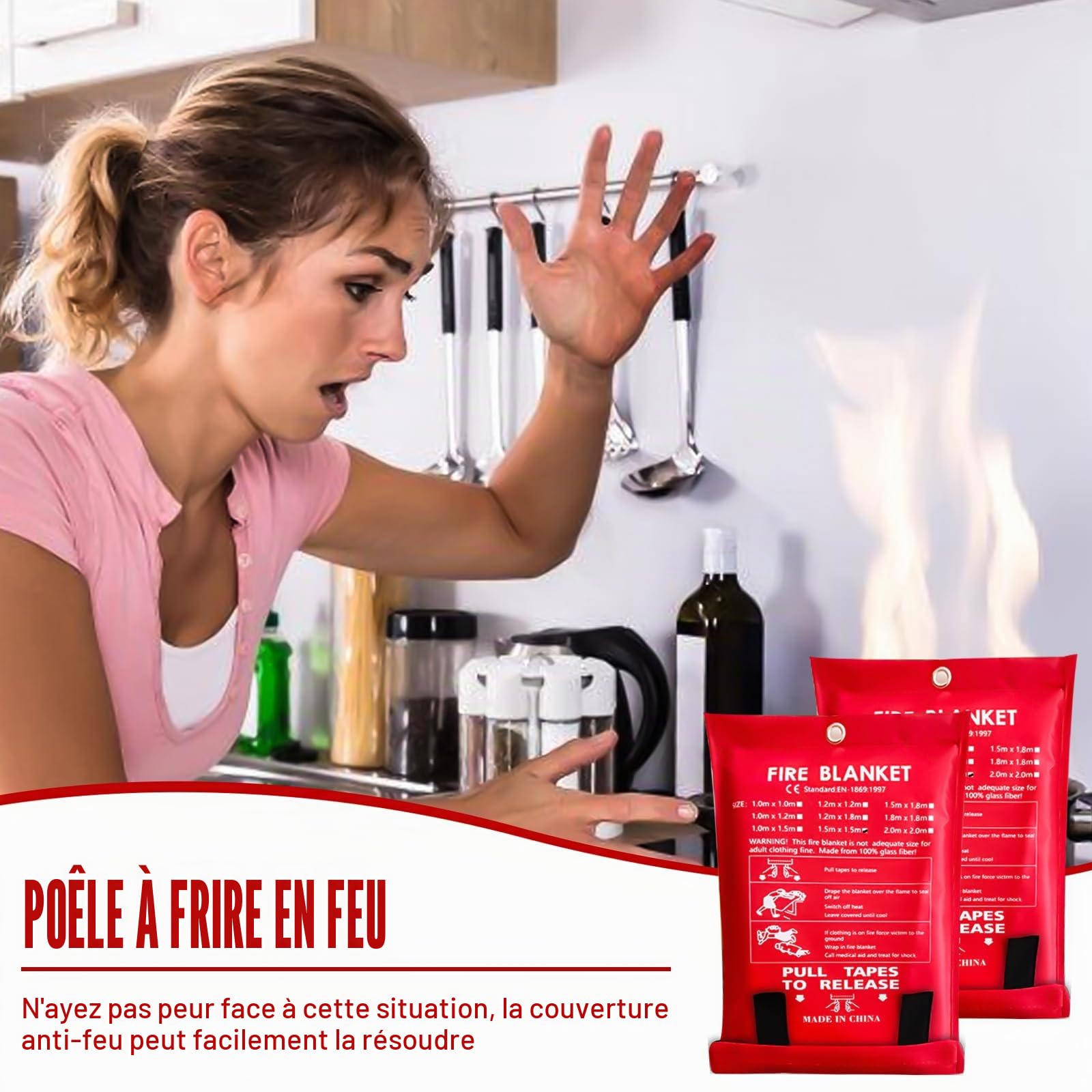 GAOUTO Lot de 2 couvertures Anti-feu, 150 x 150 cm, Couverture extinctrice réutilisable en Tissu de Fibre de Verre, sécurité pour la Cuisine, cheminée, Barbecue, Voiture, Camping, Maison, Caravane