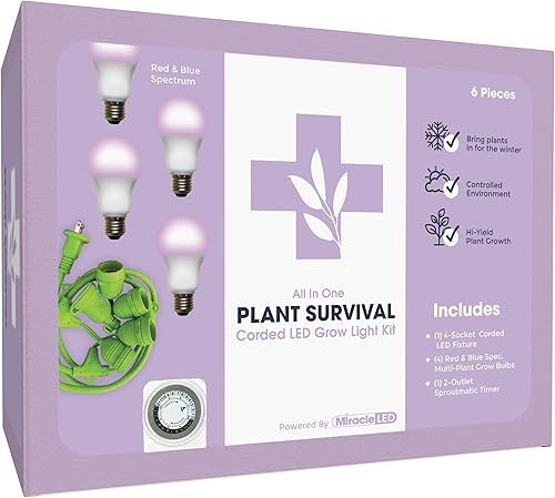 Miracle LED Kit de luces de cultivo para interiores de supervivencia para plantas, 4 bombillas de repuesto de espectro rojo y azul de 150 W y 1