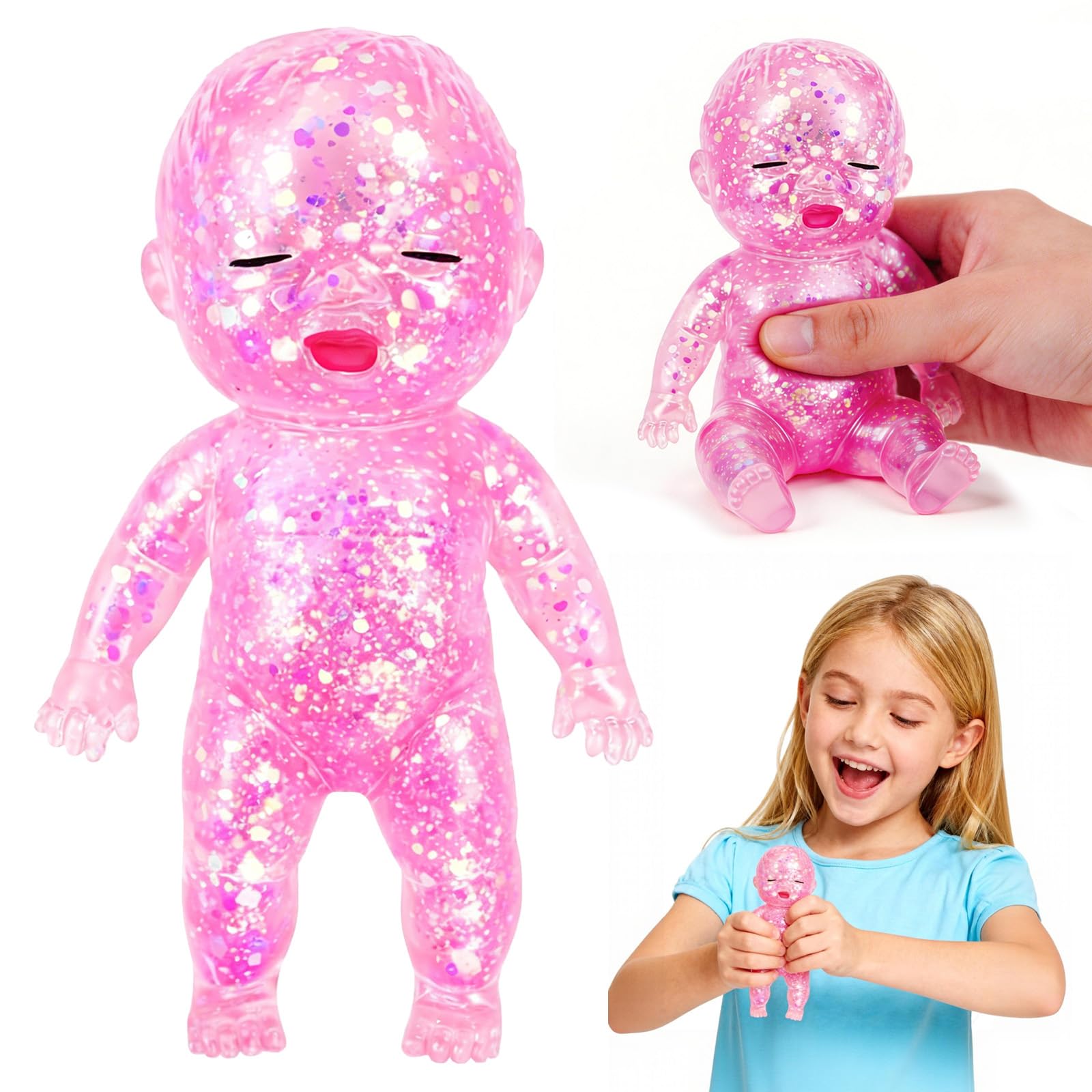 Baby Squishy Fidget Toy, Glitter Doll Sensory Squeeze Toy, Cute Soft Squishy Baby, Portable Slow Rising Malt Sugar Stress Ball for Adult Kid Office Home Stress Relief Gift (Baby Squishy) — image 1