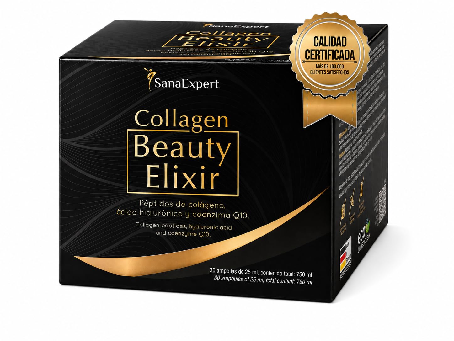 SanaExpert Collagen Beauty Elixir - Complemento para Cuidado de Piel, Cabello y Uñas - Colágeno, Ácido Hialurónico y Coenzima Q10-30 Ampollas - Fabricado en Alemania