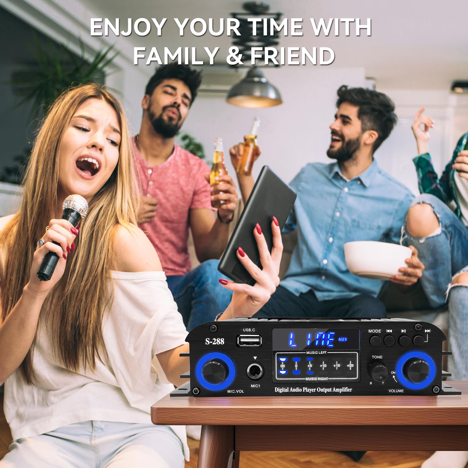 Ricevitori stereo a 4 canali Amplificatore audio domestico Bluetooth 5.0, RMS 50Wx4 Max 1200W HiFi amplificatore di potenza, USB/SD/FM, ricevitore audio domestico di classe D per Home Theate