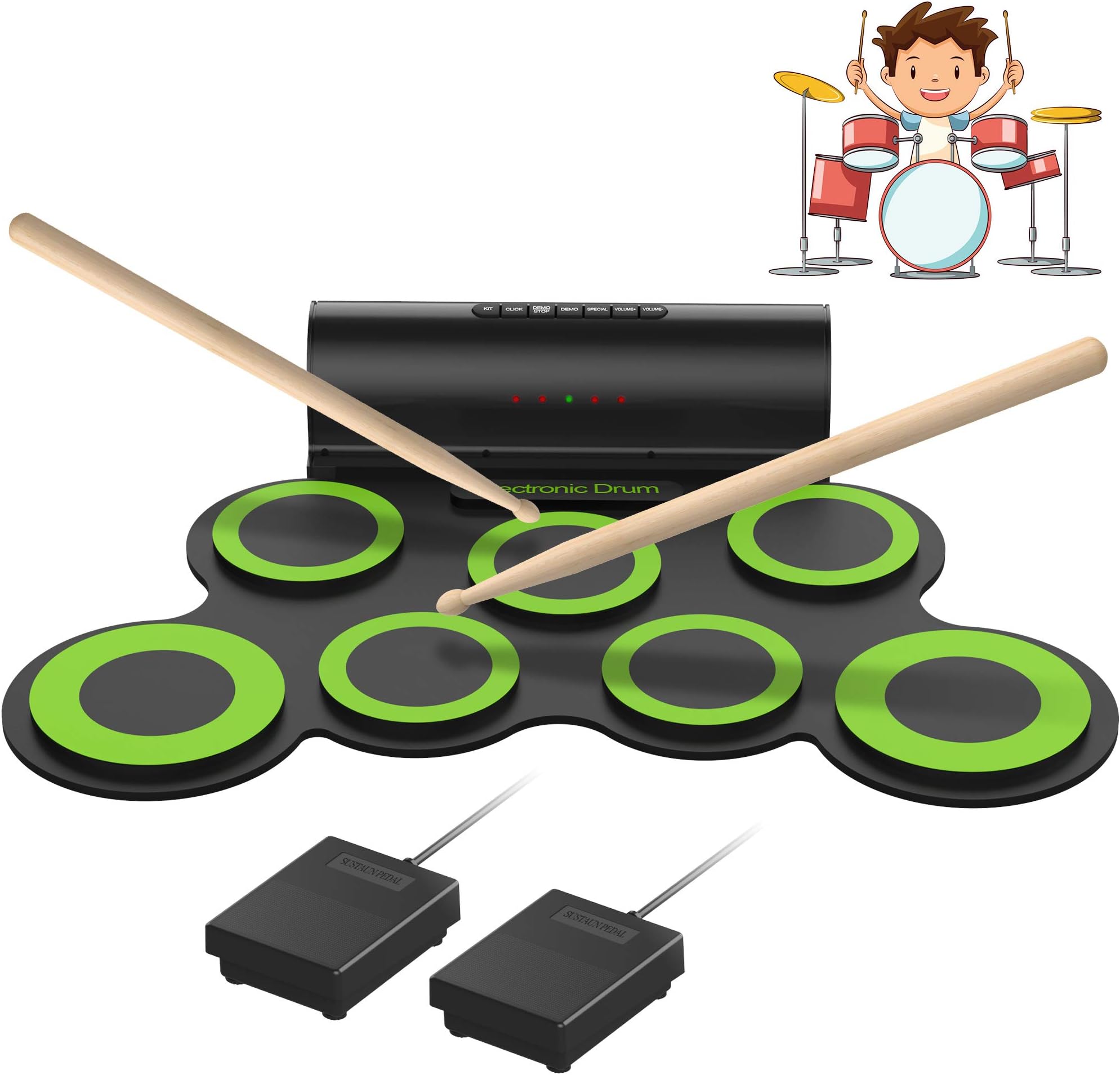 ORASANT Real-Effect Rechargeable Portable Electronic Drum Set, Multi-Functional Electric Drum Set with Volume Adjustable Built-in Speaker Headphone Jack Foot Pedals Sticks 10H Playtime, Christmas Gift