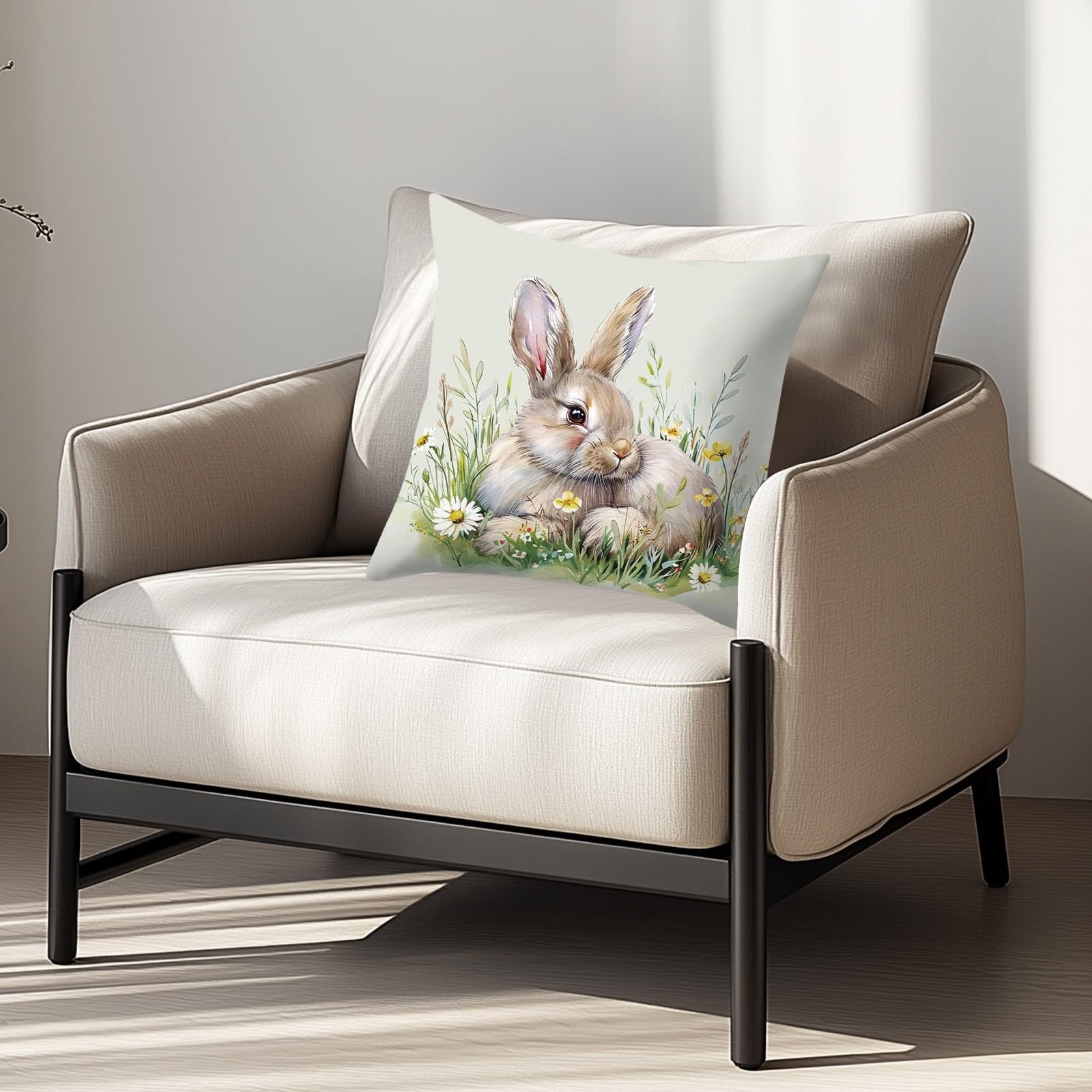 Side Sleeper Pillow Easter Flower Bunny Printed Linen Pillow Living Room Home Sofa Decorative Throw Pillow