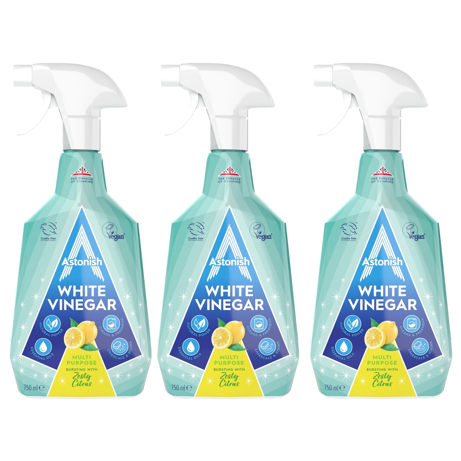 Astonish Multipurpose Cleaning Spray with White Vinegar, Powerful Cleaning for Surfaces, Zesty Lemon Scent, 3 x 750ml