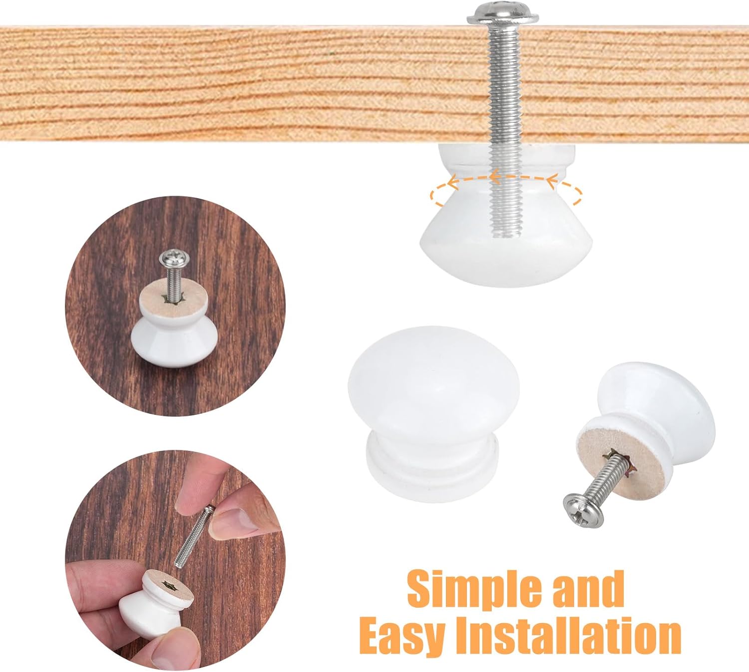 24pcs White Cabinet Door Knobs, Wood Drawer Knobs, 24mm Round Mushroom Handle, Drawer Pulls with Screws for Cupboard, Wardrobes, Kitchen, Bedroom, Bathroom