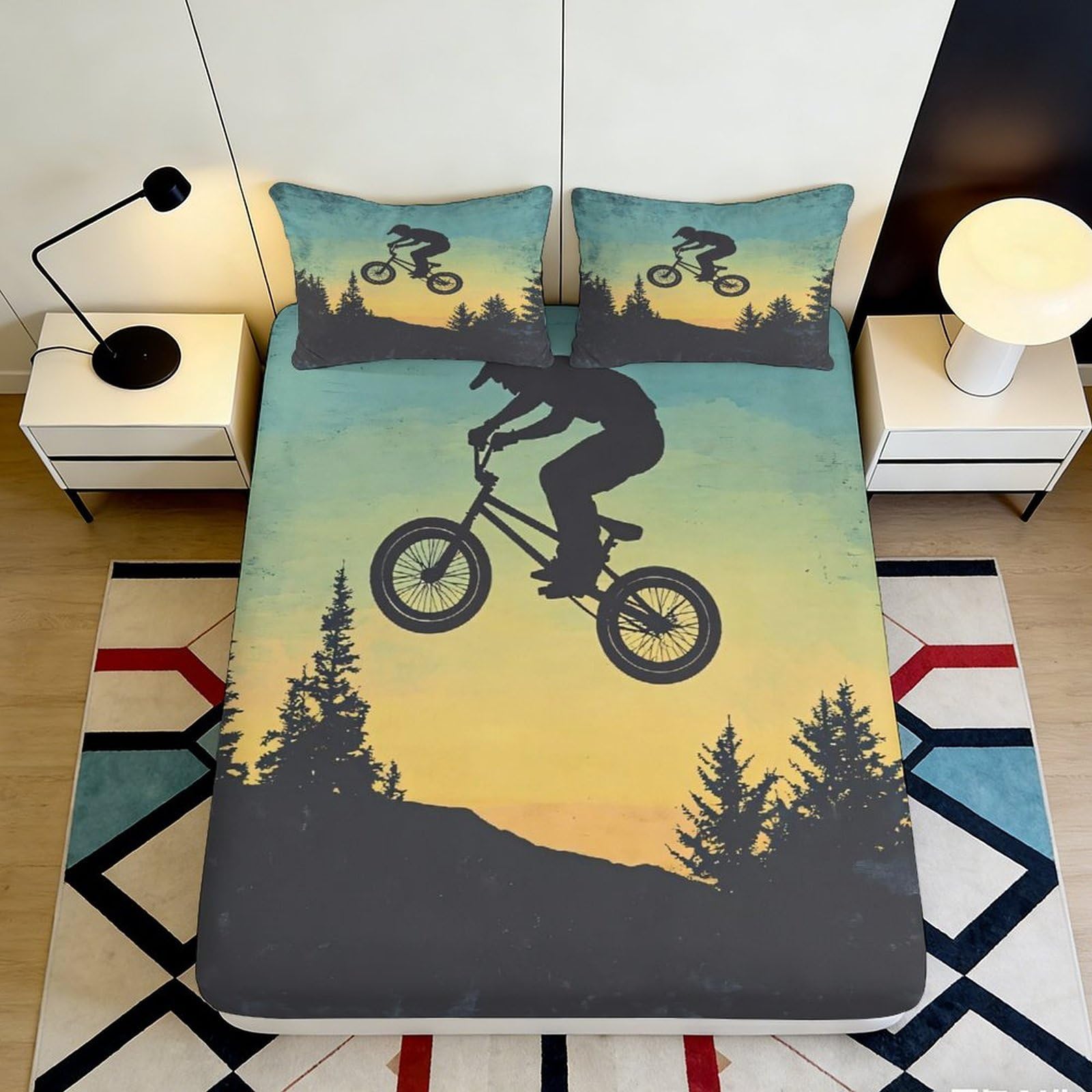 3D Printed Mountain Bike Fitted Sheet Microfiber Non-Slip Deep Pocket Mountain Cycling Mattress Fitted Cover for Bedroom 90x200x25cm