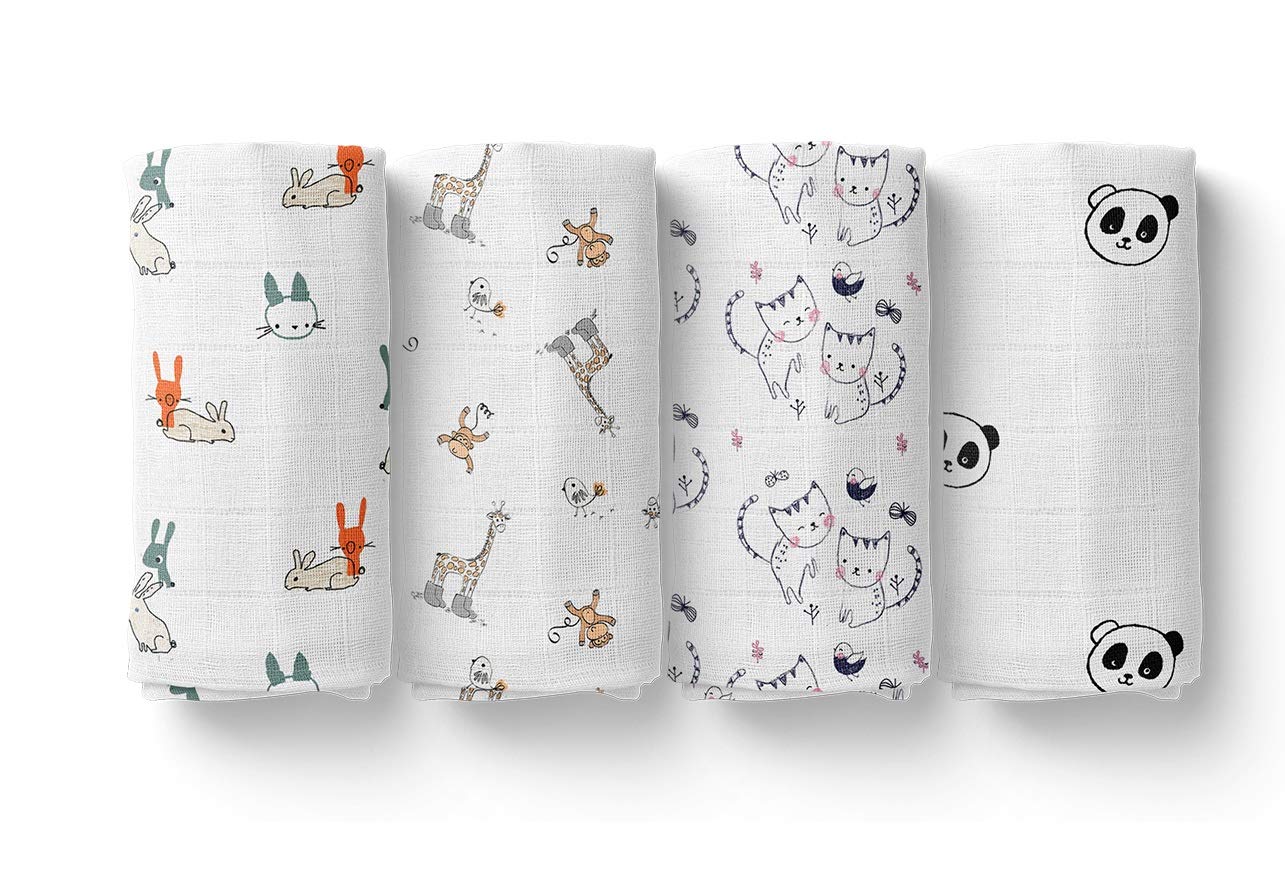 MOM'S HOME Baby Swaddle Blanket - Large Size- Organic Muslin Cotton - 100x100 cm - Pack of 4 - Cat, Jungle, Rabbit, Panda, Multicolor