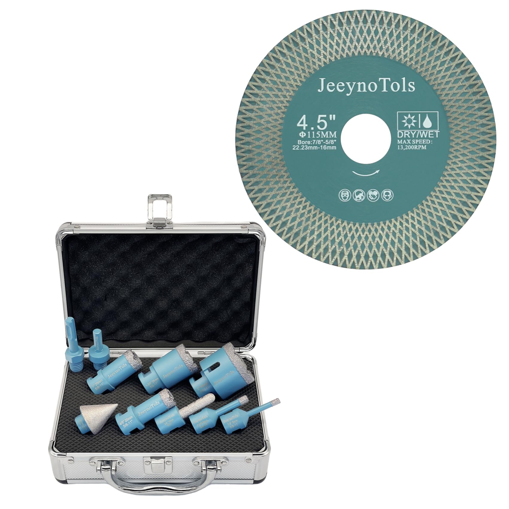 JeeynoTols 10pcs Diamond Core Drill Bits Kit & Tile Diamond Saw Blade 4.5"/115mm